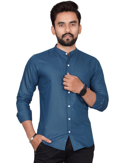 Besix MenS Cotton Solid Shirt With Mandarin Collared Full Sleeve Button Closure Curved Hem Straight Length And One Pocket | Mdr