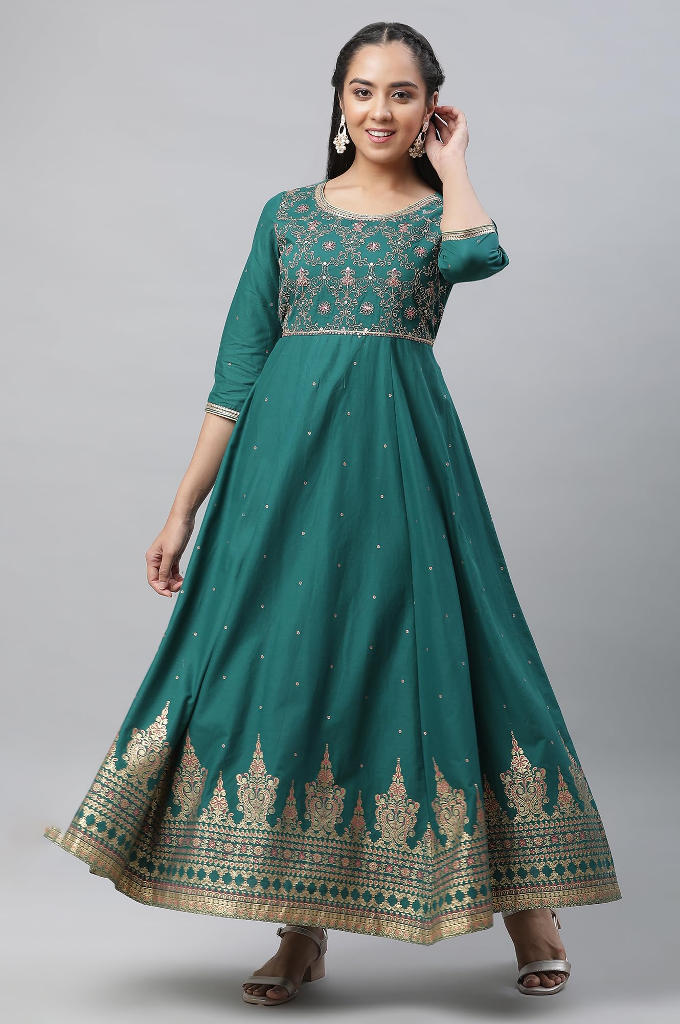 Aurelia Green Ethnic Motif Cotton Anarkali Kurta With Zari