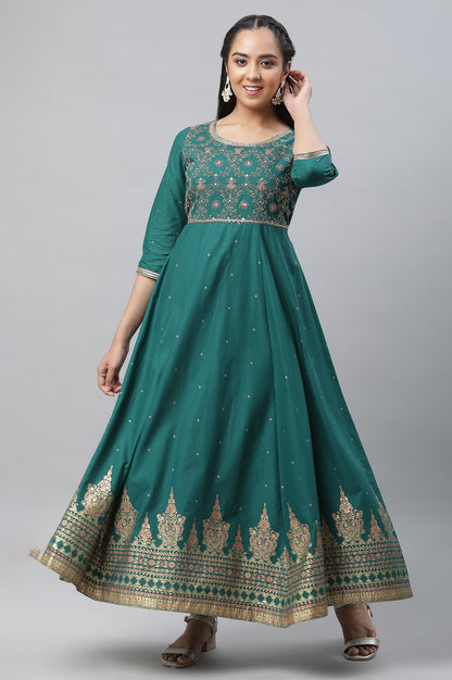 Aurelia Green Ethnic Motif Cotton Anarkali Kurta With Zari