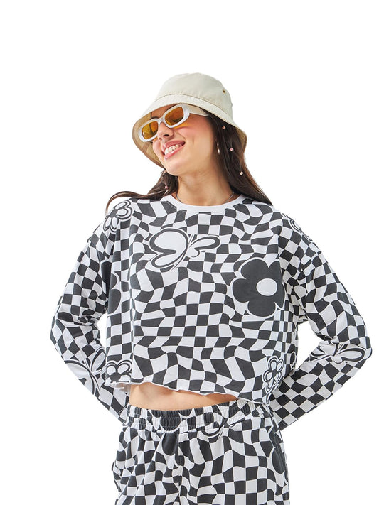 Bewakoof Womens All Over Printed Oversized Fit Full Sleeve Round Neck Cotton Blend Crop Top_605114_White_XL