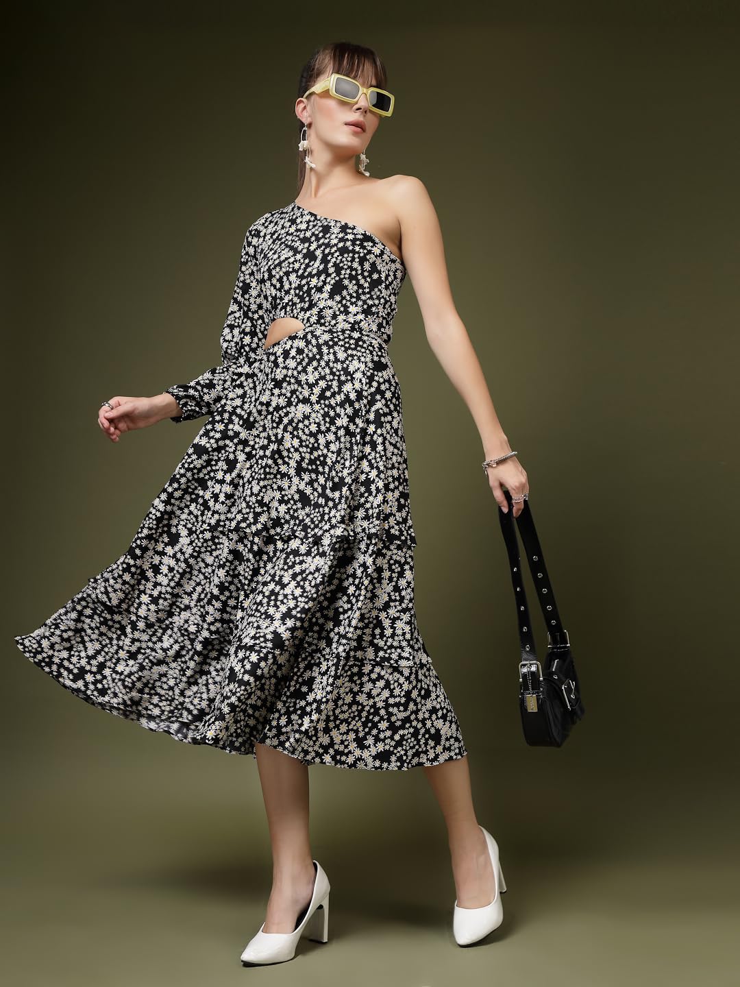 Oomph! WomenS Western & Fusion Wear Printed Crepe Dress For Women, One Shoulder, Black - Md1064