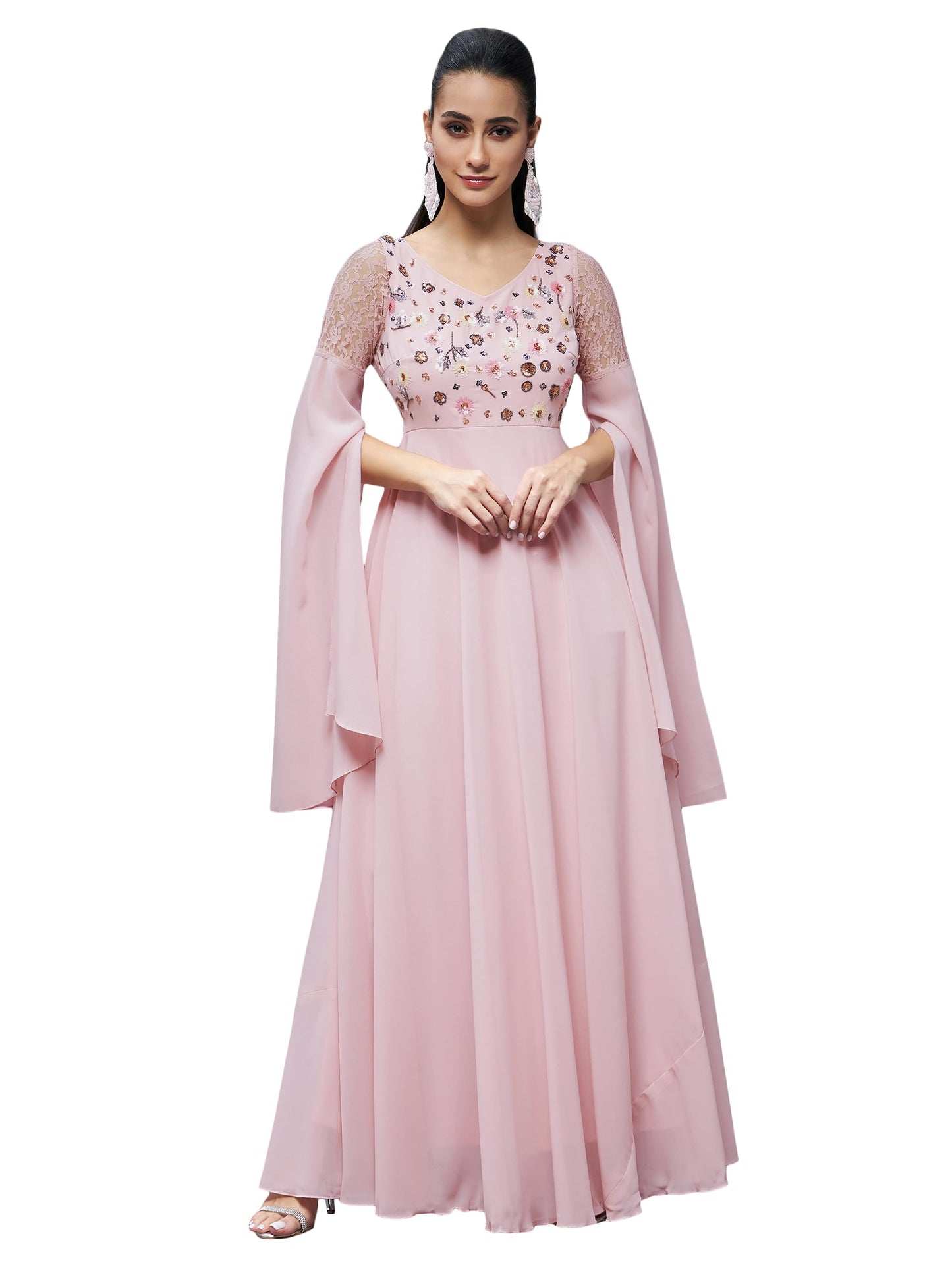 Miss Chase WomenS Dusty Pink V-Neck Slit Sleeves Embroidered Maxi Dress (Mcss22D06-45-234-06, Dusty Pink, Xl)