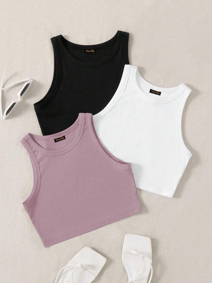 Toochki Tops for Woman | Crop | Short | Western | for Jeans | Spandex Top | Sleeveless | Stretchable | Pack of Three | Black-Whi