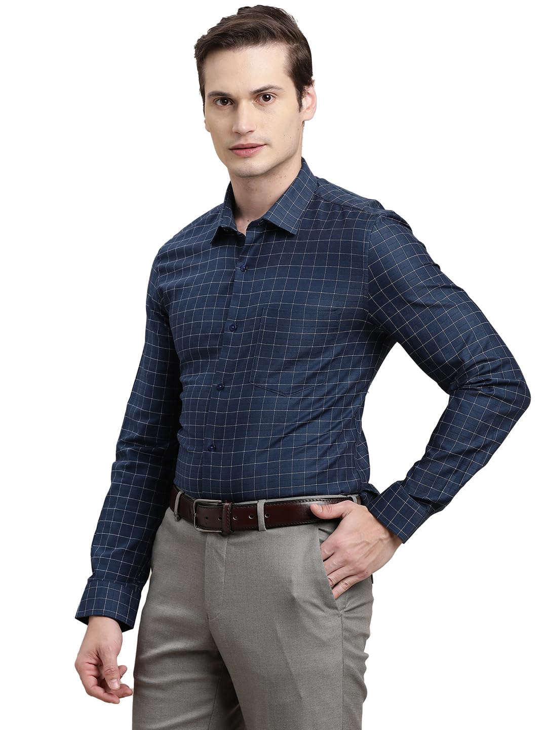 Turtle Men 100% Cotton Slim Fit Blue Checkered Full Sleeve Formal Shirt