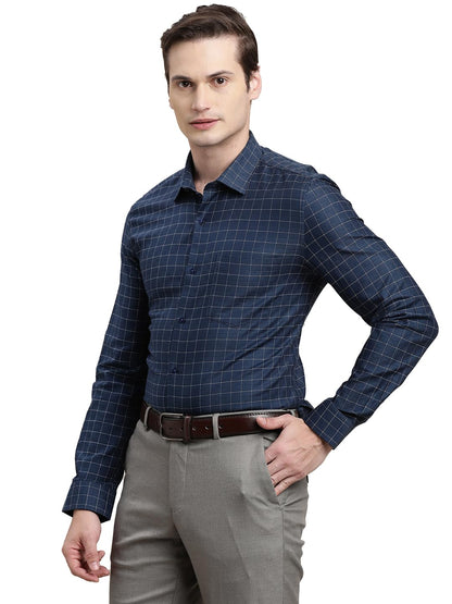 Turtle Men 100% Cotton Slim Fit Blue Checkered Full Sleeve Formal Shirt