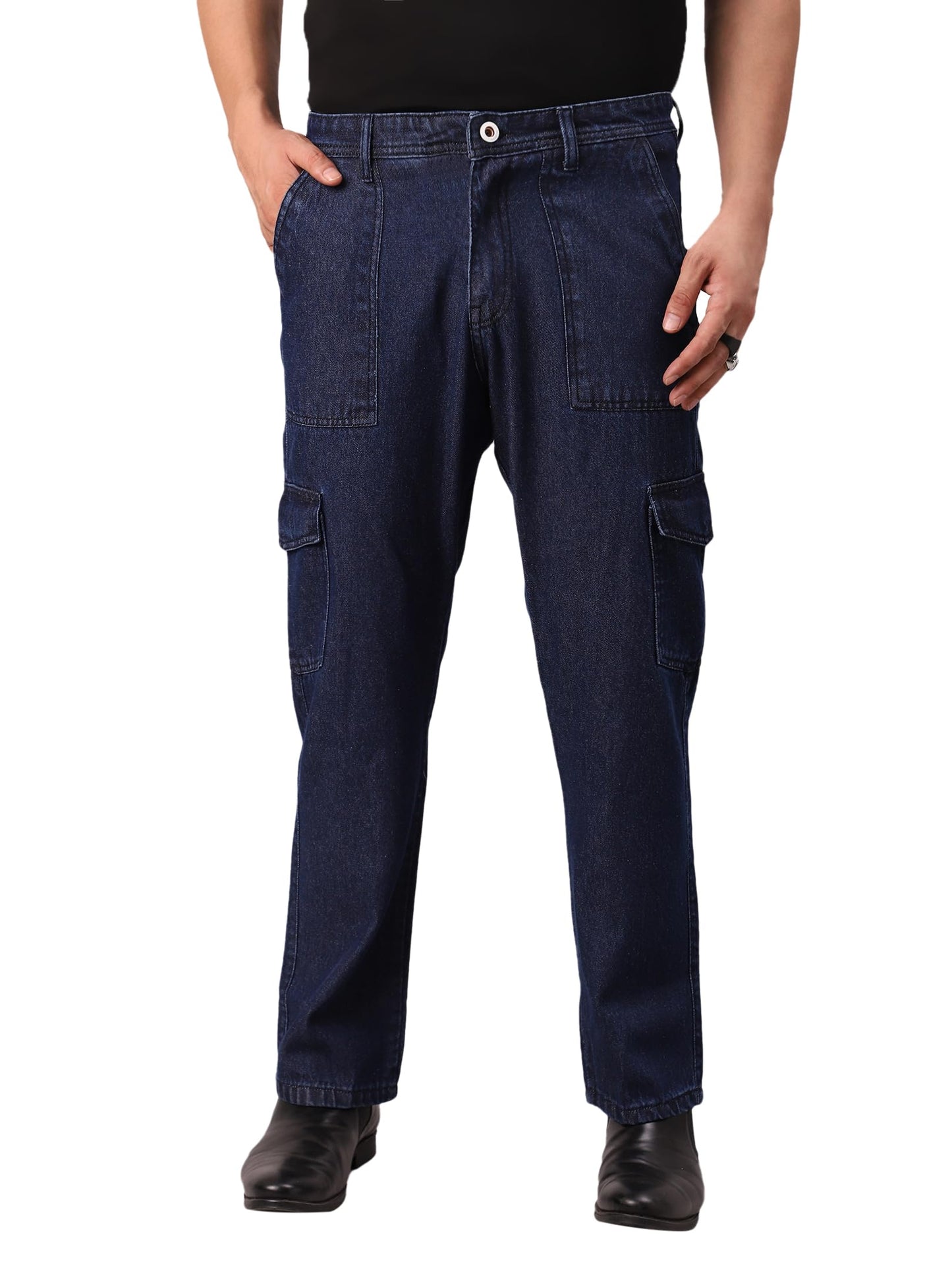 AVANOVA Regular Mens Mid Rise Taper Skinny Fit Jeans (Wide Legs Denim Cargo Pant for Dark Blue