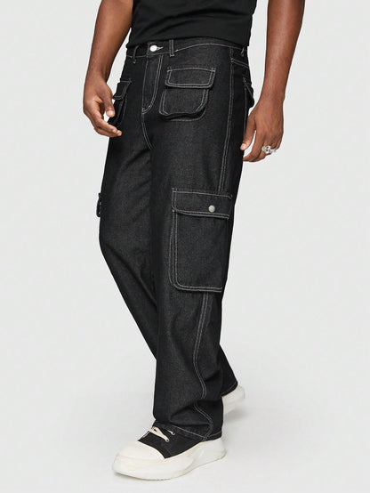 Kotty MenS Solid Mid Rise Straight Fit Stylish Looking Cargo Jeans(Black,36)