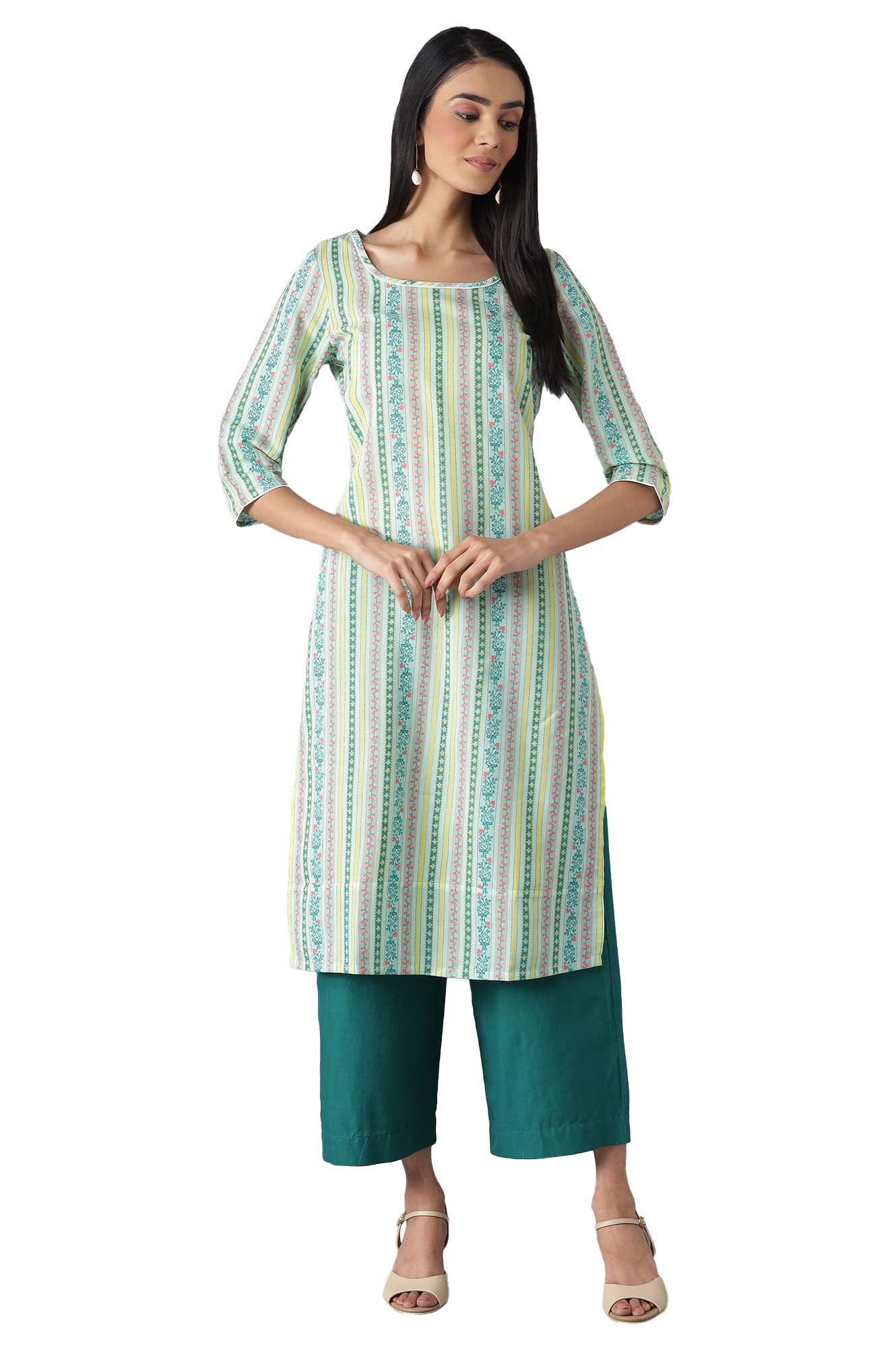 Aurelia Women's Polyester Green Floral Round Neck Straight Kurta Set