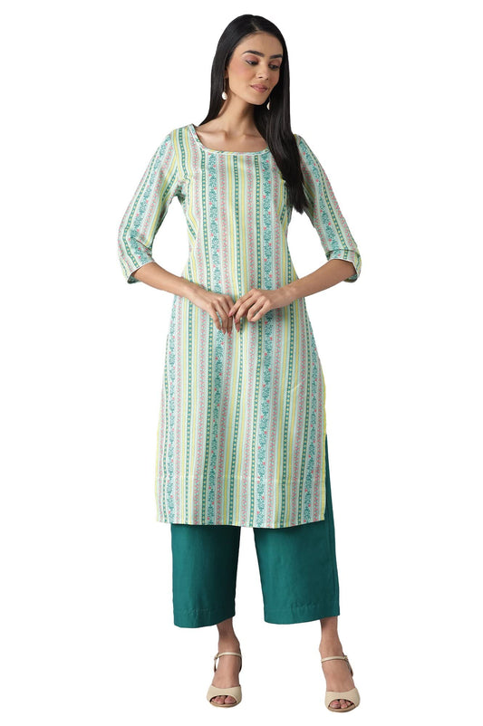 Aurelia Women's Polyester Green Floral Round Neck Straight Kurta Set