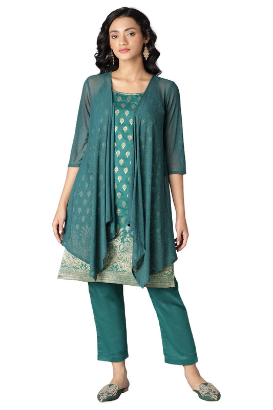 Aurelia Women's Polyester Red Polka Dots Front Open A-Line Kurta Set