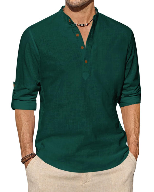 Zombom MenS Cotton Blend Solid Full Sleeve Short Kurta Shirt With Mandarin Collar Green