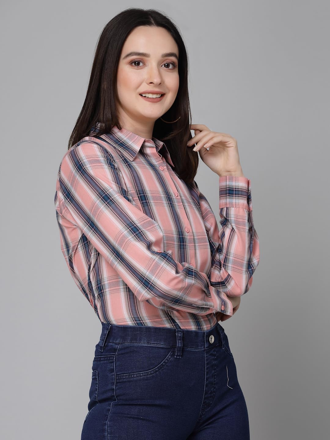 Style Quotient Women Pink Cotton Checks Smart Casual Shirt