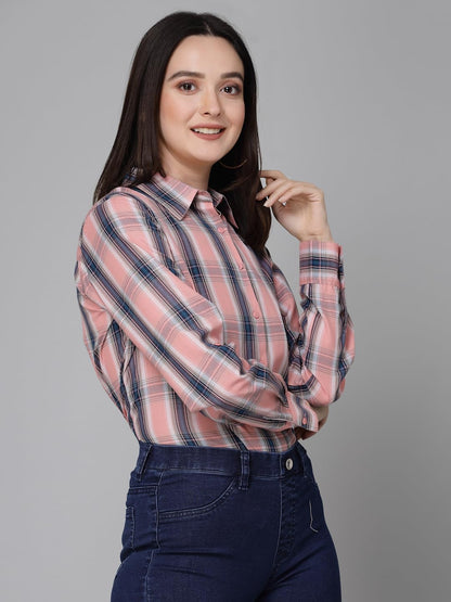Style Quotient Women Pink Cotton Checks Smart Casual Shirt