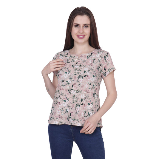 POPWINGS Casual Round Neck Beige Printed Polyester Top for Women