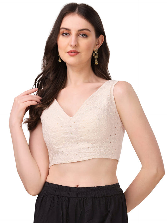OOMPH! Womens Indian Ethnic Wear Designer Leaf Pattern V Neck Sleeveless Cotton Off-White Blouse for Saree or Lehnga and Blouse