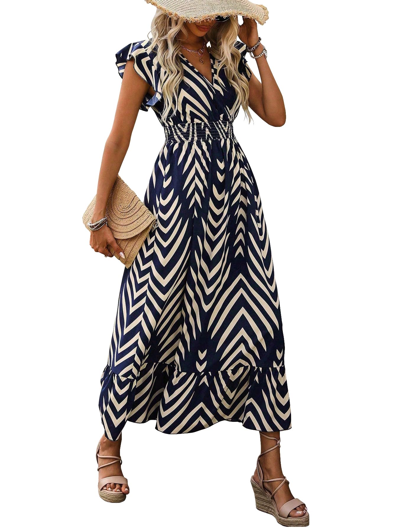 Shasmi WomenS & GirlS Navy Blue V-Neck Striped Printed Dress With Ruffled Hem And Belted Waist For Vacation, One Piece Dress F