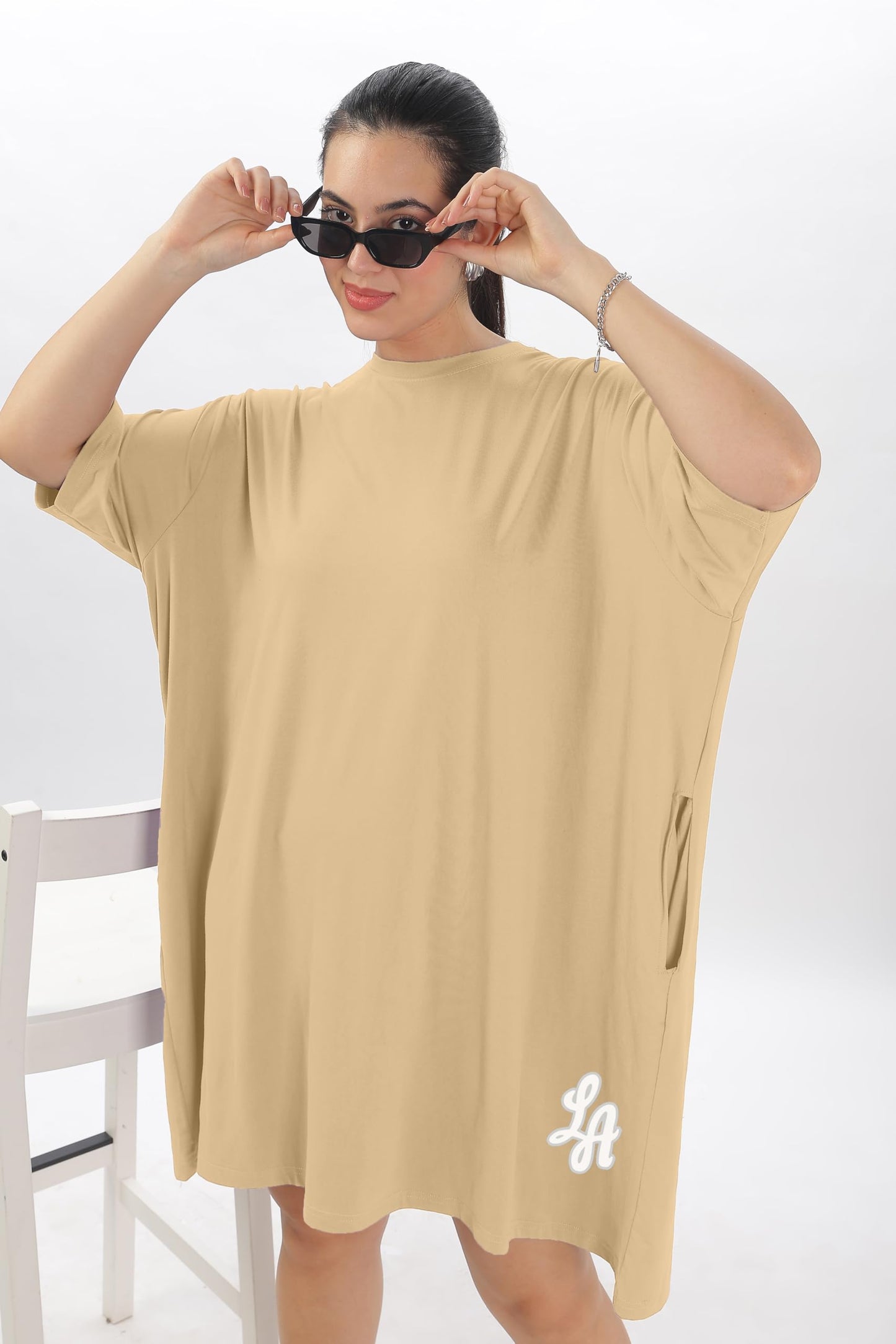 SHODOXWomens Cotton Blend Oversized Drop Shoulder Long T-Shirt with Side Pockets(Pack of 1)