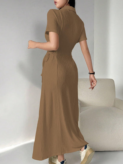 Shasmi Womens Brown Solid Color Applique Lace-Up Collared Short Sleeve, Side-Tie Waist Long Casual Maxi Women Dress Outfit Long