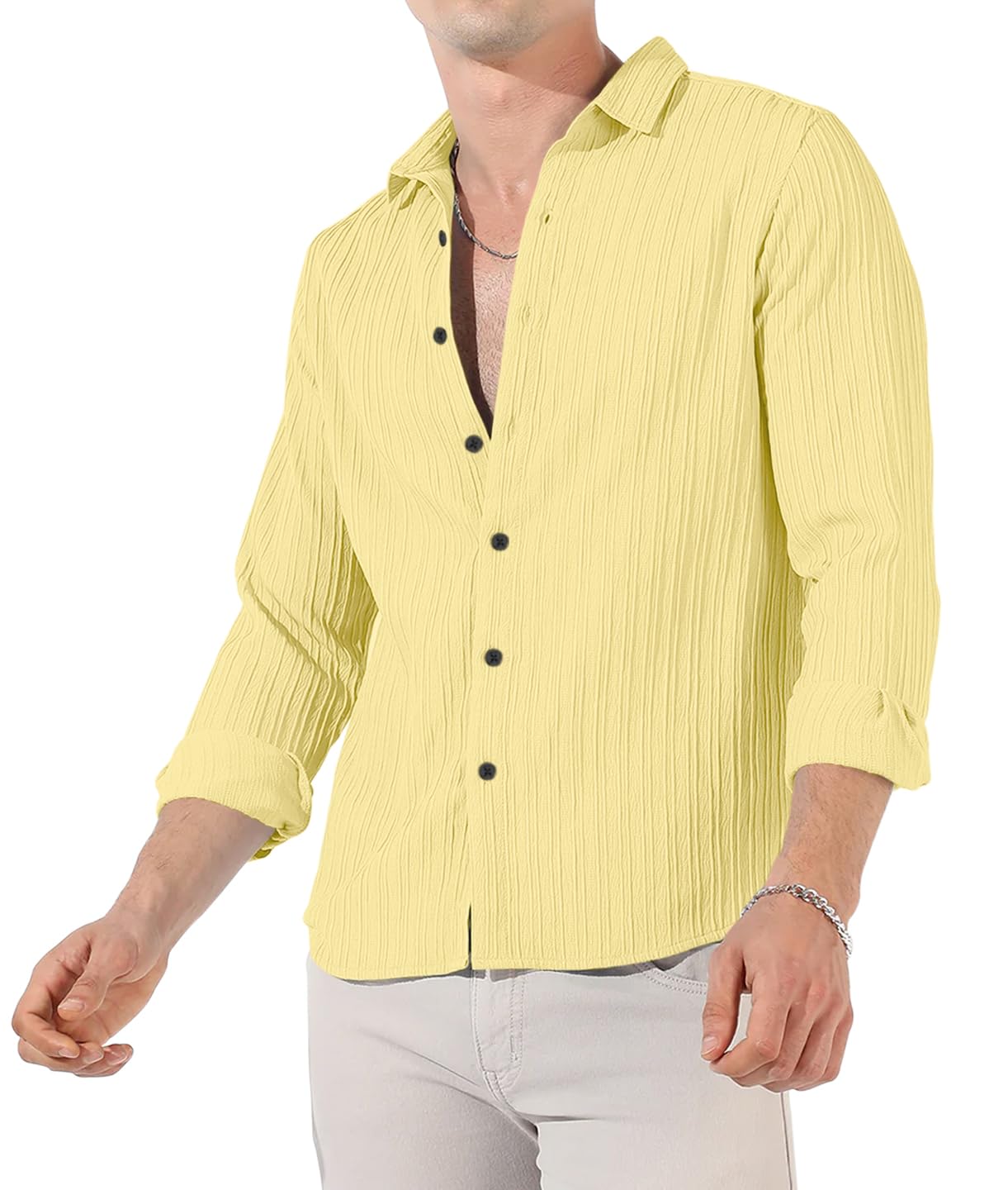 Finivo Fashion MenS Cotton Casual Striped Button Down Shirts Long Sleeve Textured Summer Beach Shirt For Men Yellow