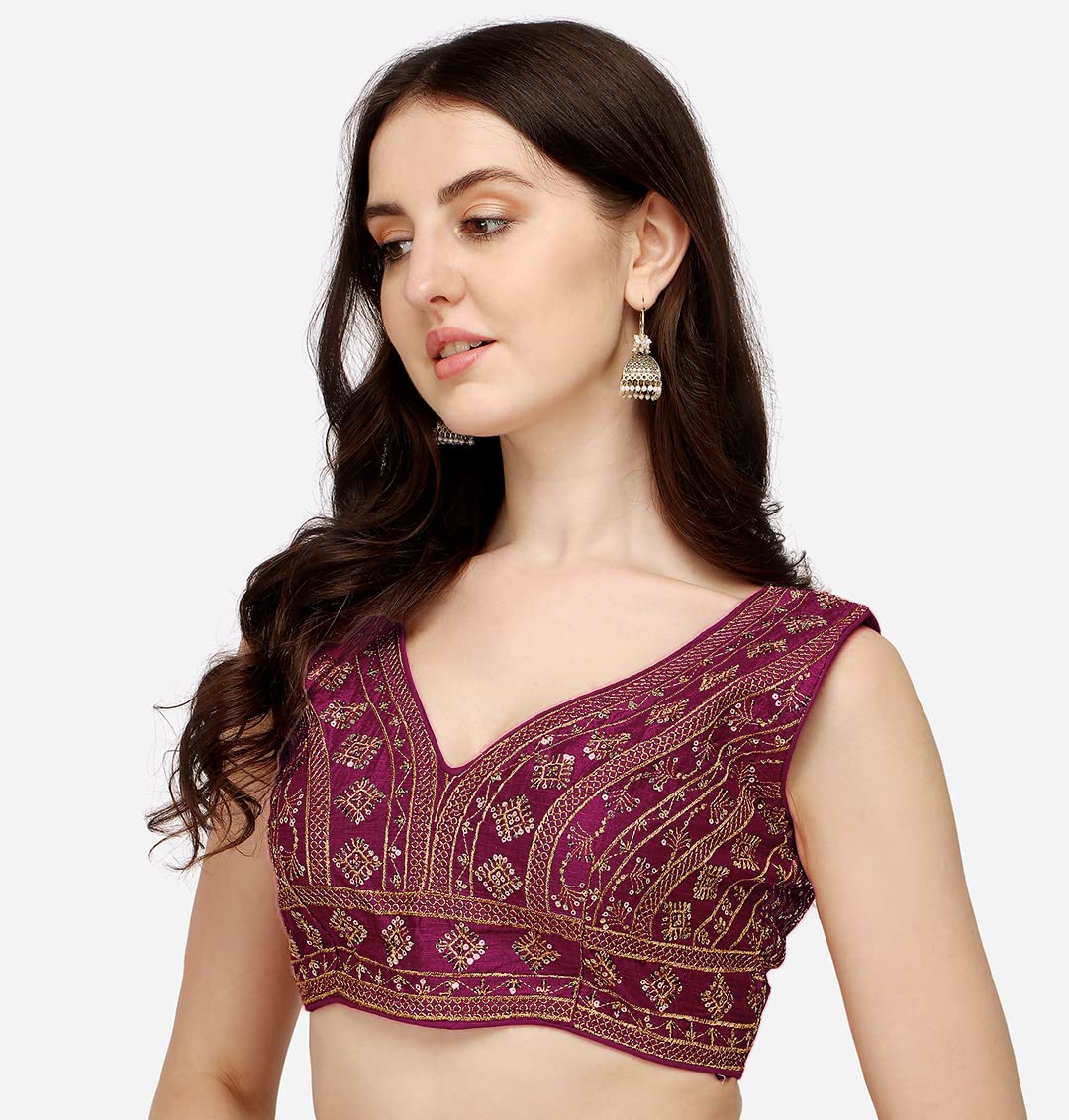 Vihu Fashion WomenS Silk Embroidery Sequins Zari Work Readymade Saree Blouse