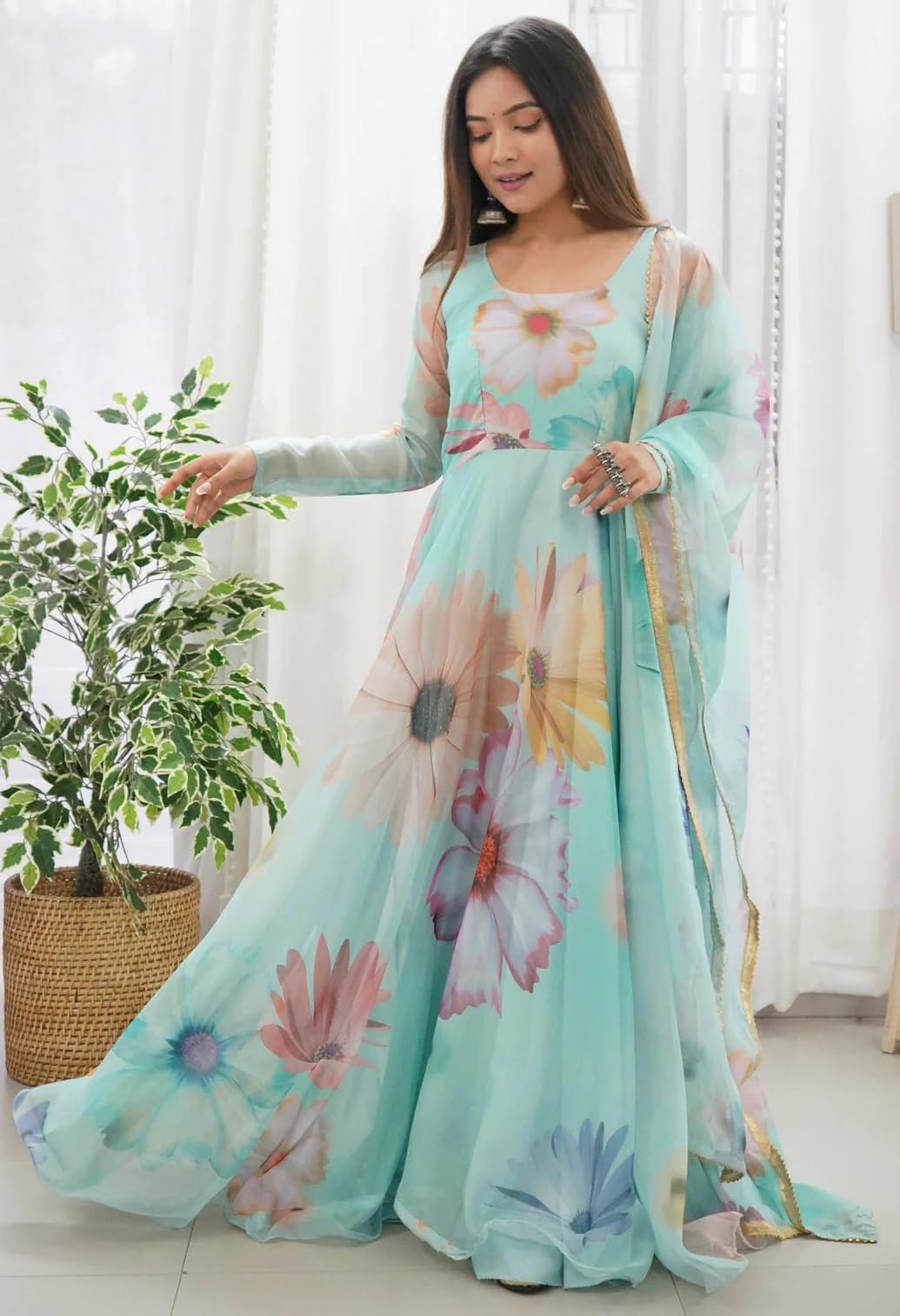 Shasmi Womens Stylish Floral Printed Sea Green Orgenza Anarkali Dress Gown, Kurta with Dupatta Set Anarkali Floral Printed Gown