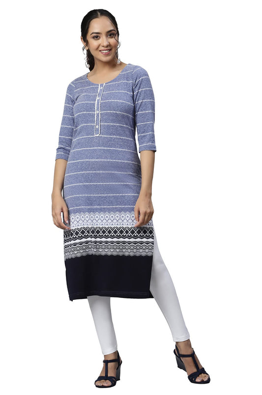 Aurelia Women Blue Cotton Blend Geometric Jacquard Straight Kurta