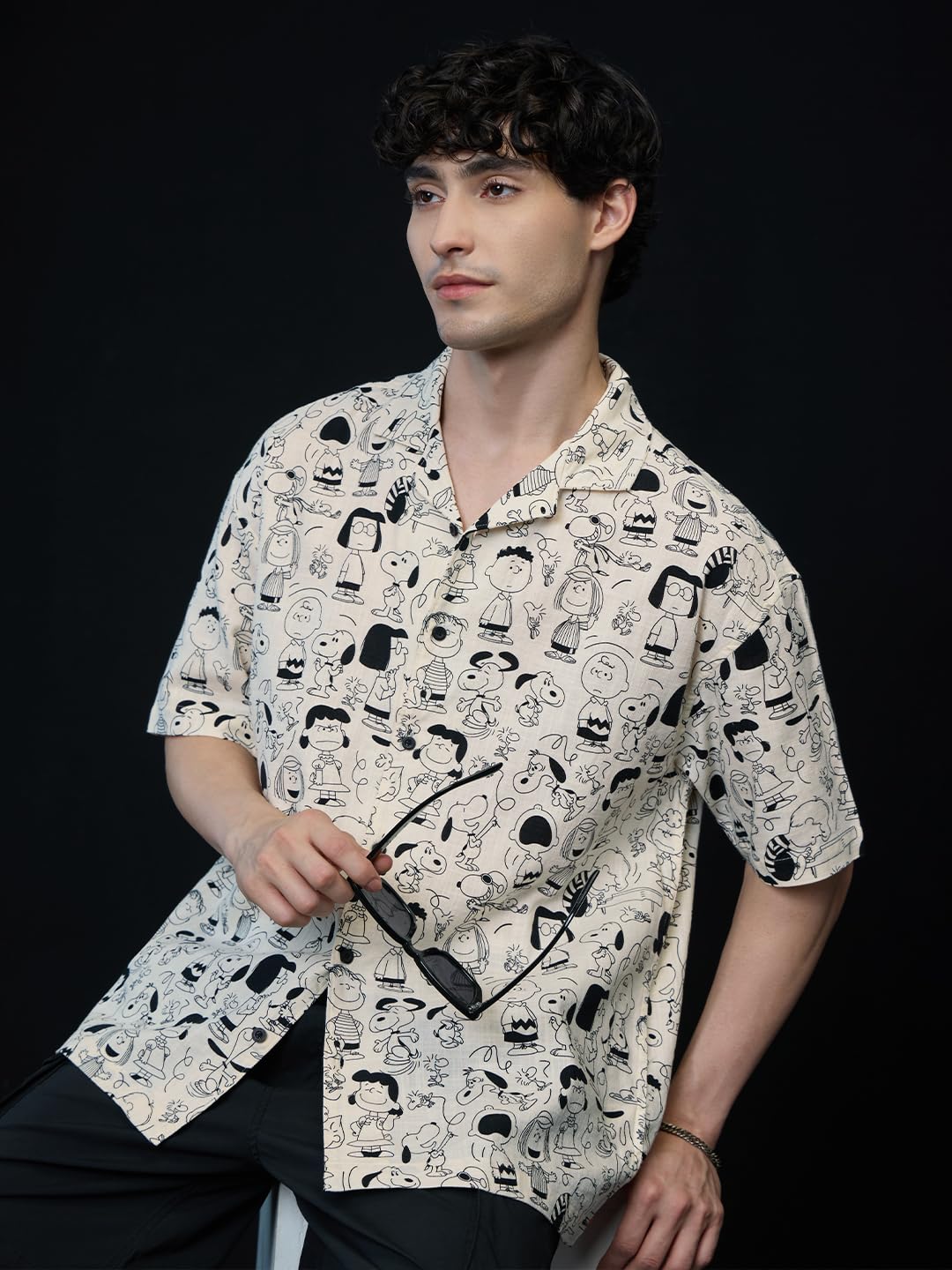 The Souled Store Peanuts: Characters Men and Boys Short Sleeves Collared Neck Button Front Off White All Over Printed Regular Fi
