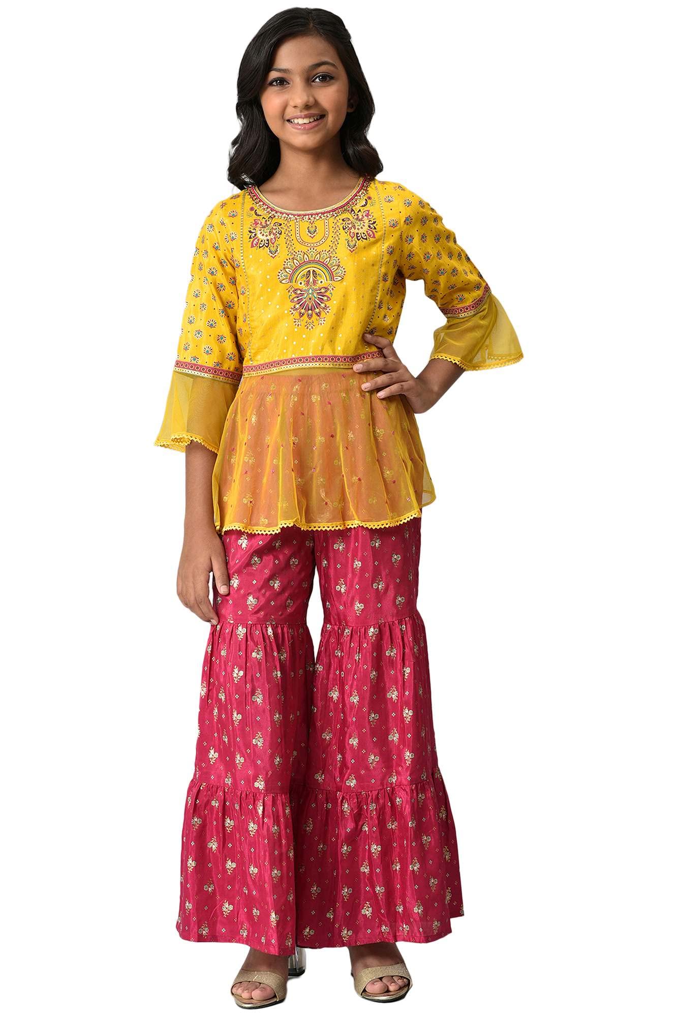 Girls Foil Printed Top With Pink Sharara Set