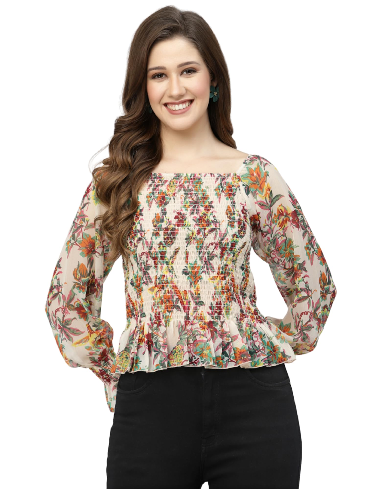 POPWINGS Casual Floral Print Chiffon Tops for Women || Full Sleeves Summer Tops for Women || Square Neck Smocking Pattern Tops f