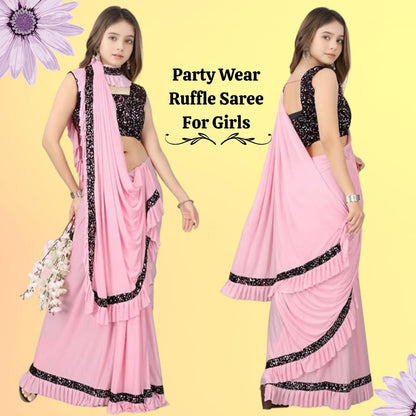 Dhyey Fashion Fashionable Baby Girls Lycra Blend Saree With Velvet Unstitched Blouse Piece | Readymade Saree For Girls | Sarees