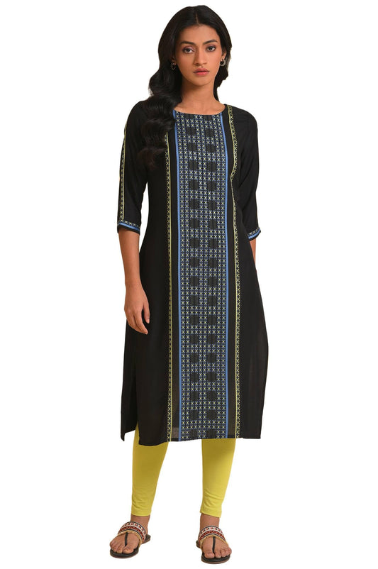 W Black Geometric Printed Cotton-Rayon Blend Straight Long Kurta For Women