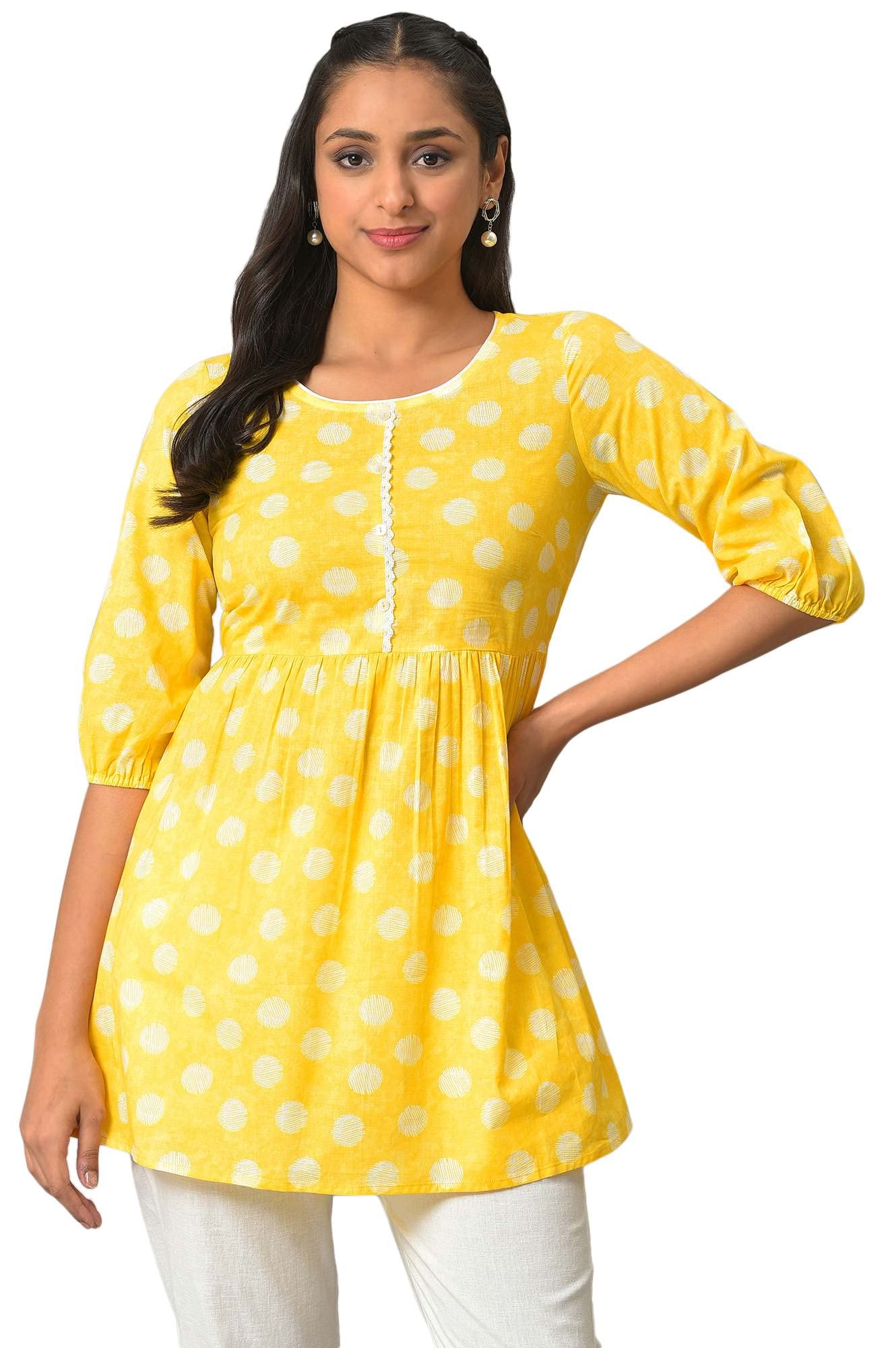 Aurelia Womens Cotton Loose Yellow Floral Printed Short Kurti (23FEA30331-506691