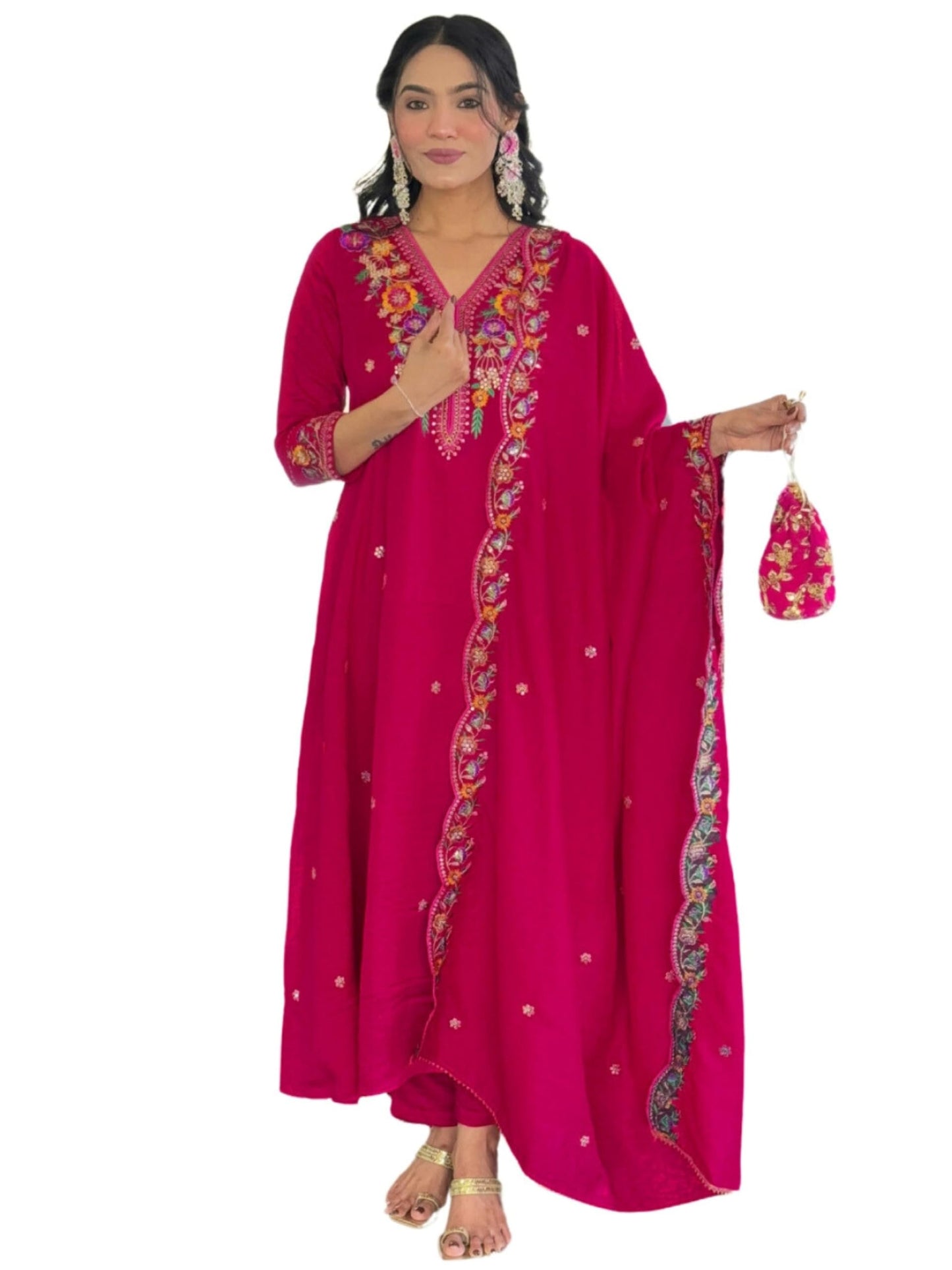 Naixa WomenS Rani Vichitra Silk Embroidered Straight Kurta With Rayon Pant And Vichitra Silk Embroidered Laced Dupatta Sets (Nx