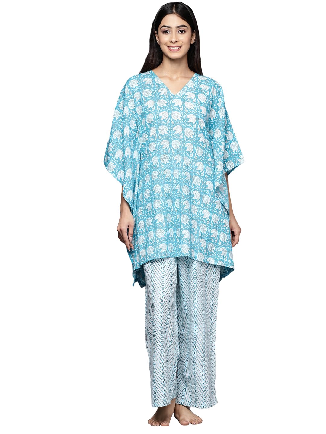 Libas Womens Printed Cotton Night Suit Set For Women Turquoise Blue