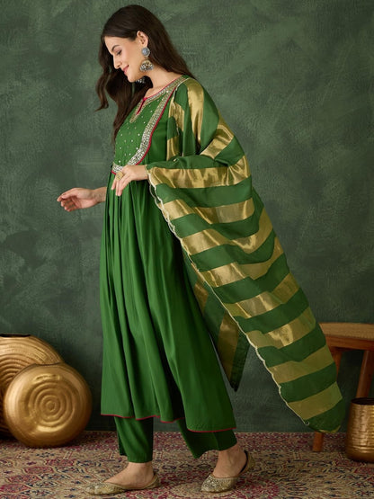 Naixa WomenS Chanderi Embroidered Flared Kurta With Pant And Dupatta Sets For Wedding Party And Festival Wear (Nx-762-Light-Gre