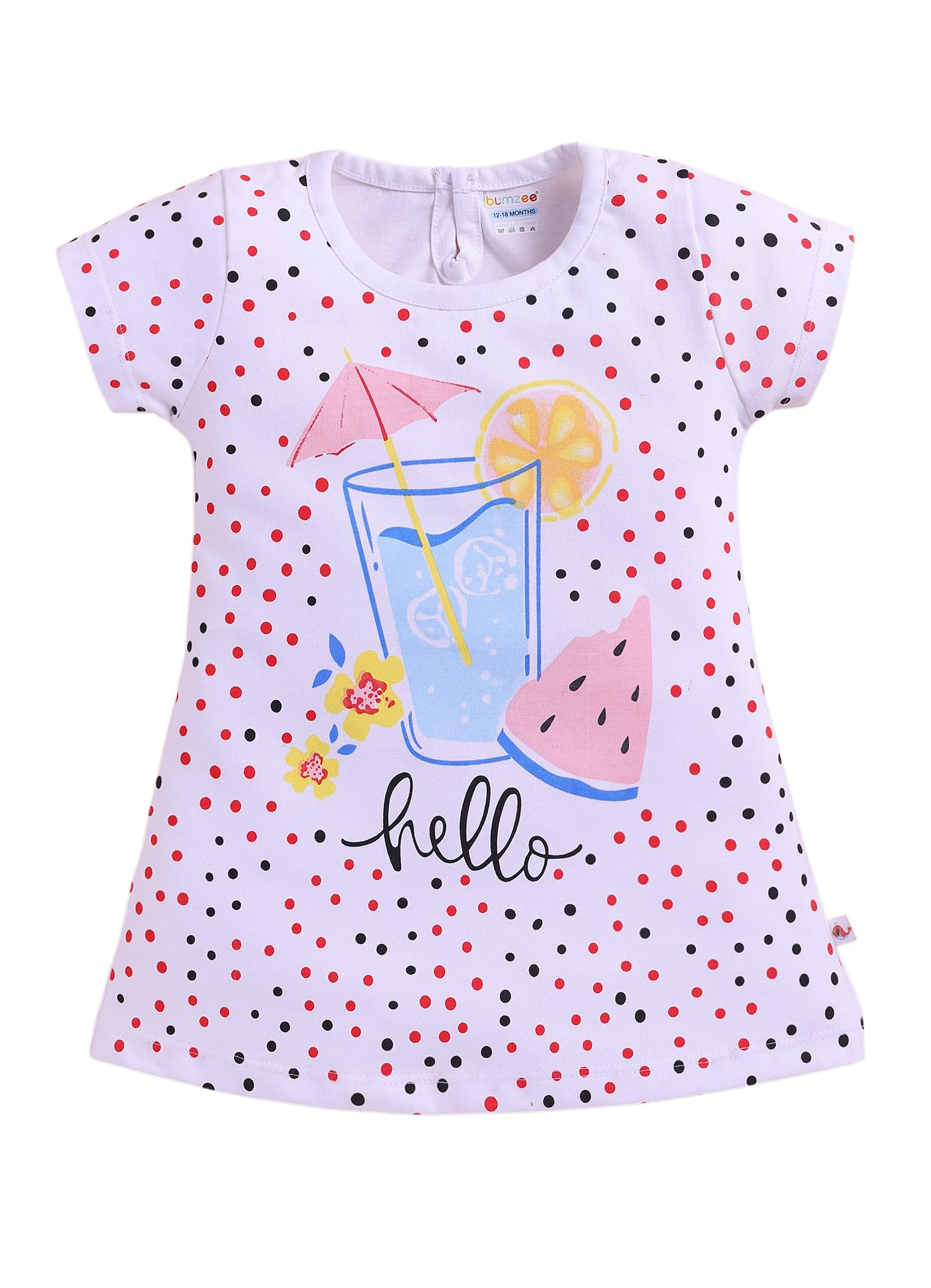 BUMZEE Girls Cotton Cap Sleeves Graphic Print Above Knee Length Frock/Dress White - 2-3 Years (Peb11496F-wht)