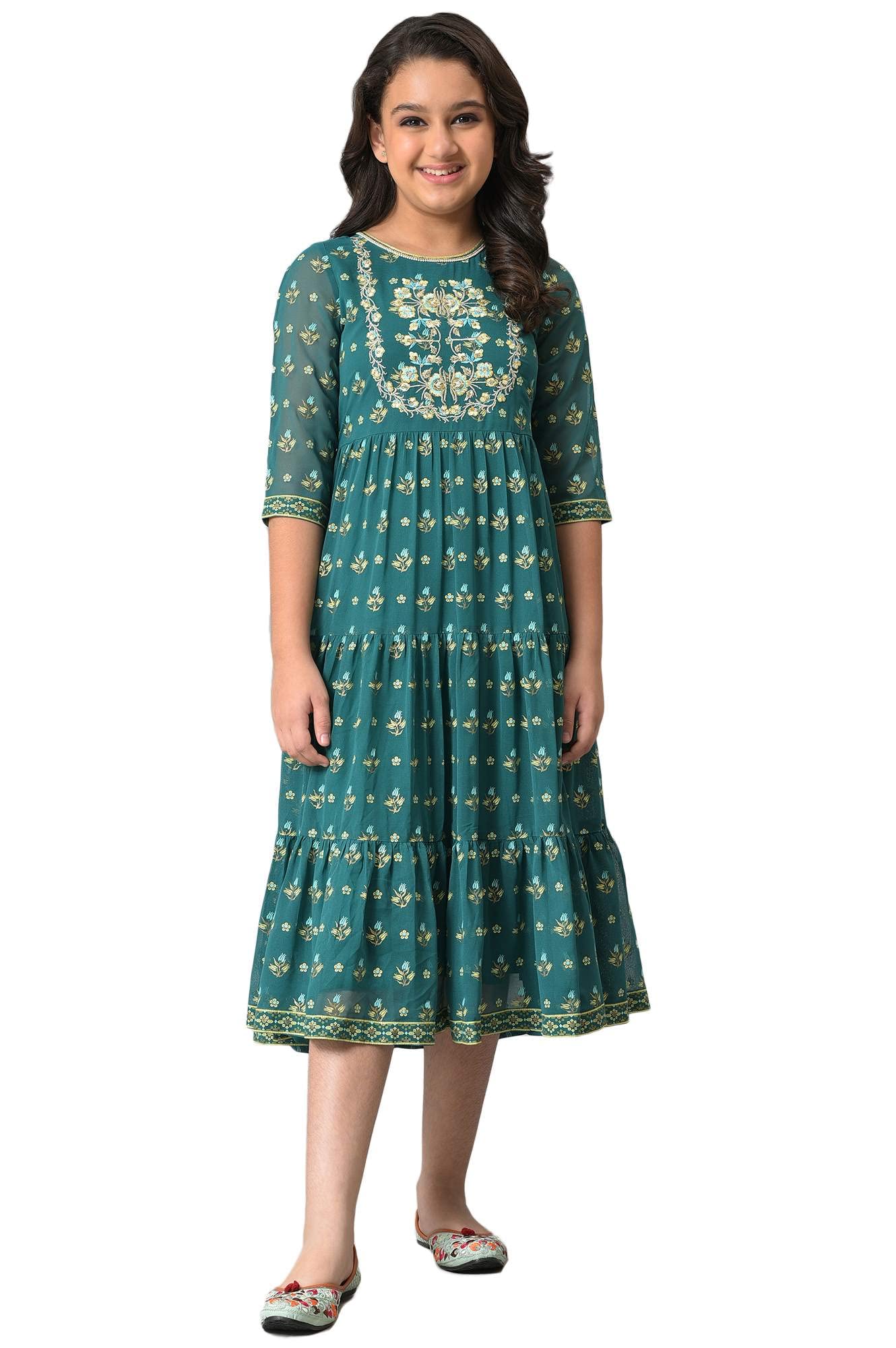 Aurelia Girl's Polyester Fit and Flare Knee-Length Casual Dress (22AUG10151B-505683_Green
