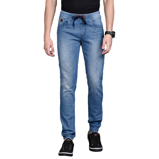 Campus Sutra Mens Classic Blue Light-Washed Regular Fit Denim Jeans | Elasticated Hem Drawstring Mid-Rise Stretchable Cotton Den