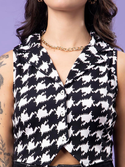 POPWINGS Black & White Printed Button Clousre V Neck Sleeveless Waistcoat Crop Top
