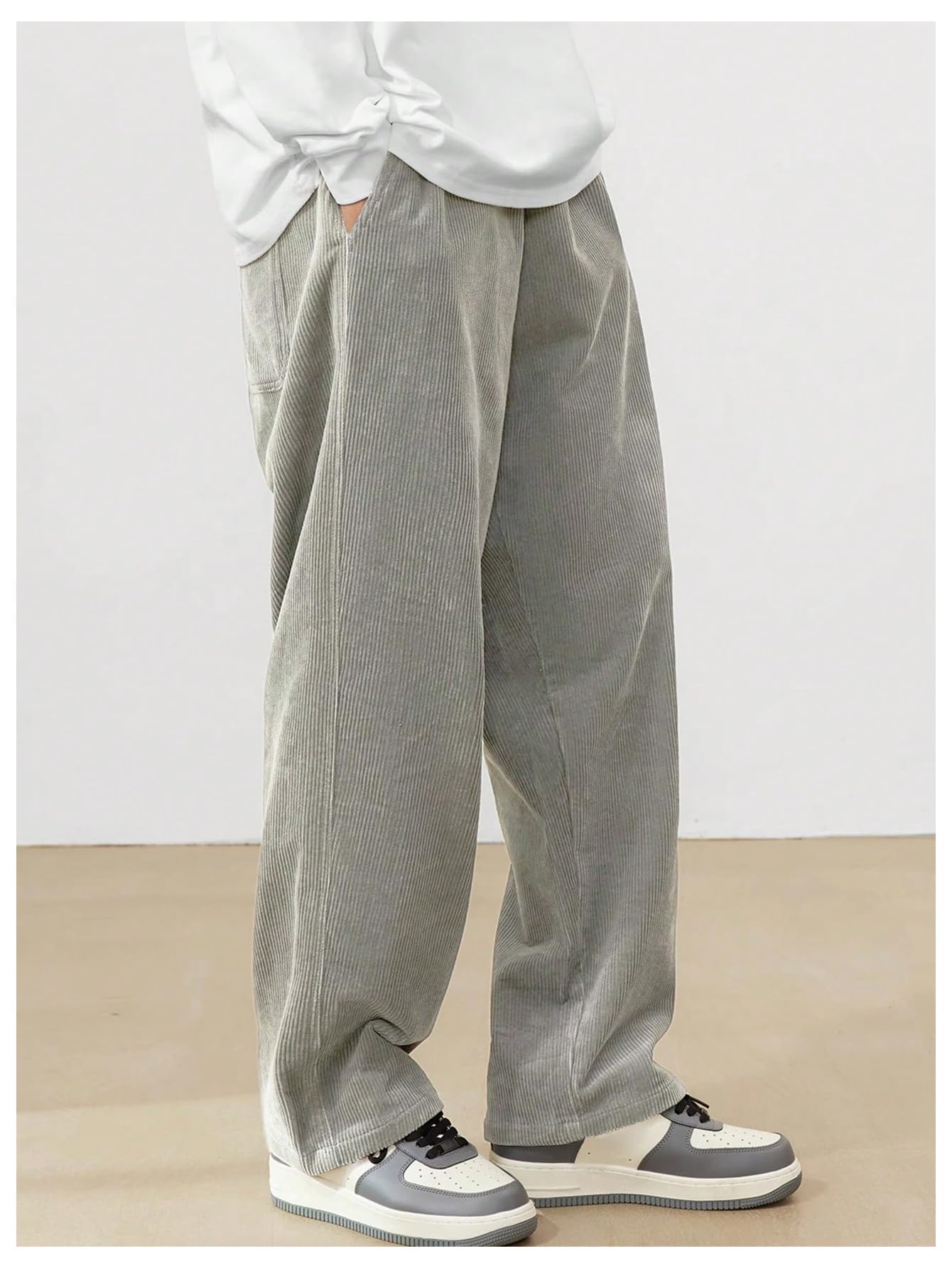AVANOVA Mens Light Grey Front Tie Loose Fit Corduroy Baggy Long Slacks Chino Pants with Slant Pocket Simple Casual Trousers, Go