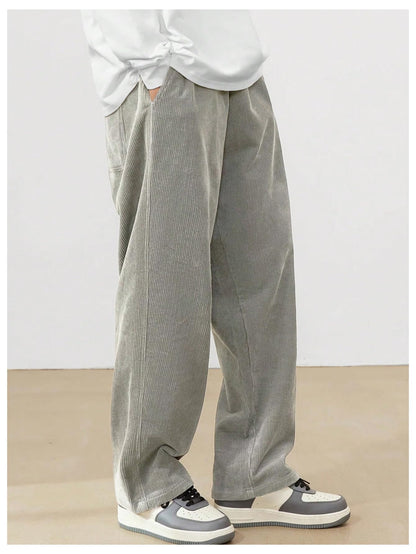 AVANOVA Mens Light Grey Front Tie Loose Fit Corduroy Baggy Long Slacks Chino Pants with Slant Pocket Simple Casual Trousers, Go