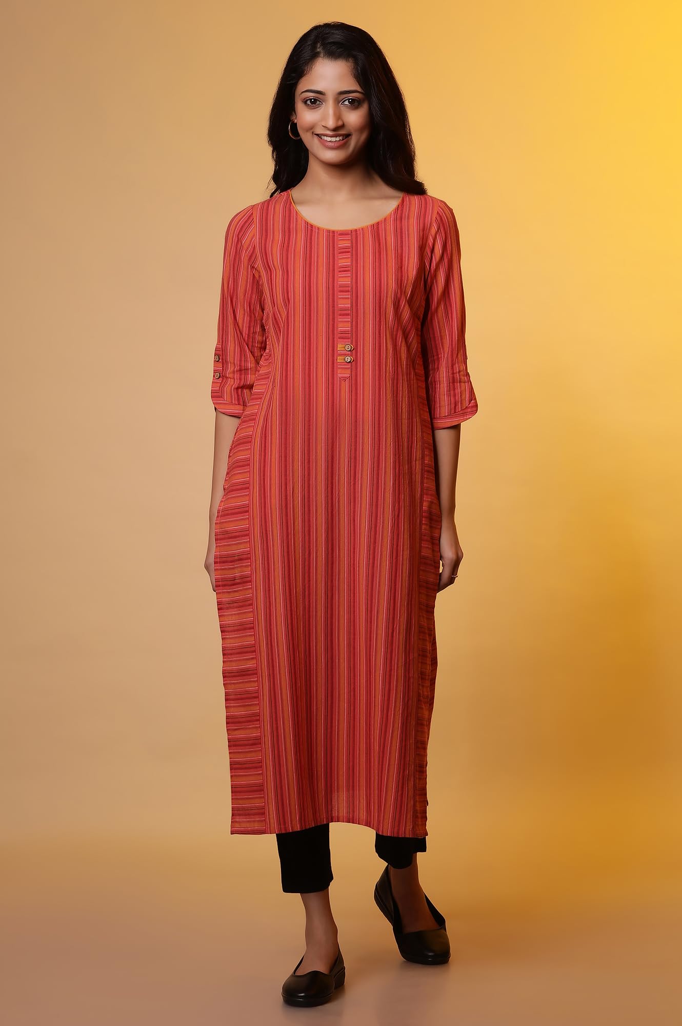 Aurelia WomenS Cotton Striped Regular Kurta (24Fea14841_Orange