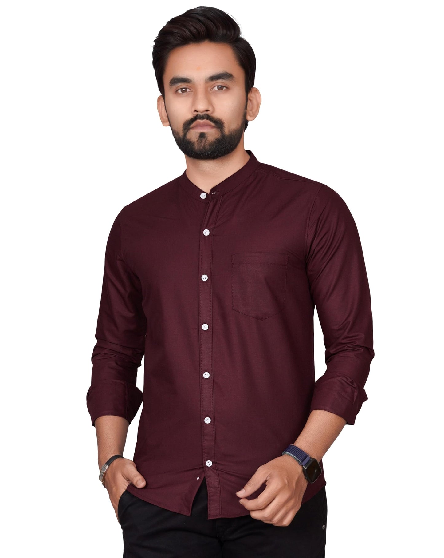 Besix MenS Cotton Solid Shirt With Mandarin Collared Full Sleeve Button Closure Curved Hem Straight Length And One Pocket | Mdr