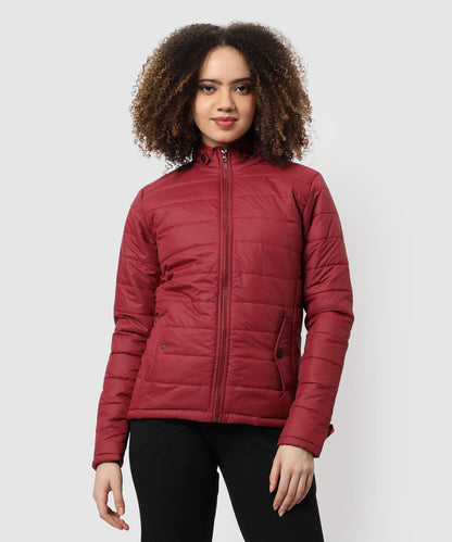 Campus Sutra Womens Red Puffer Regular Fit Bomber Jacket For Winter Wear | Low-Cut Standing Collar | Full Sleeve | Zipper | Cas