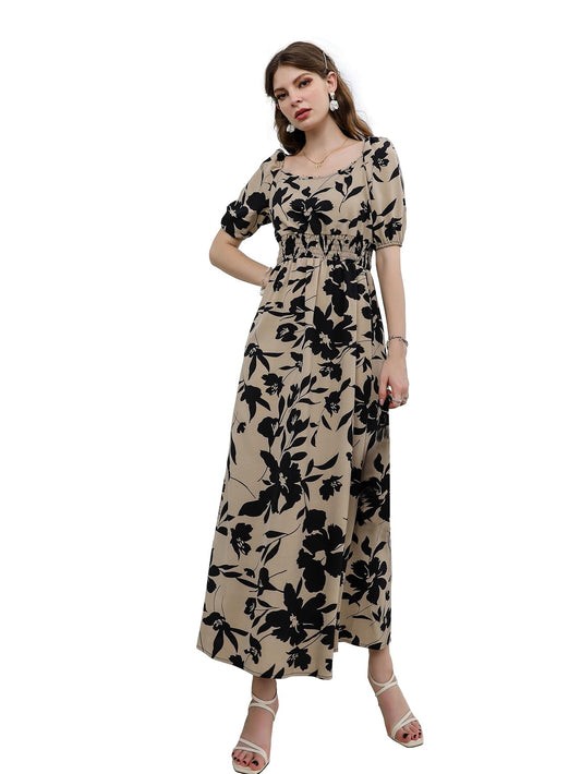 Avanova Creap Beige & Black Boat Neck Maxi Western Dresses For Women (Dress 86 Chikku Xl)