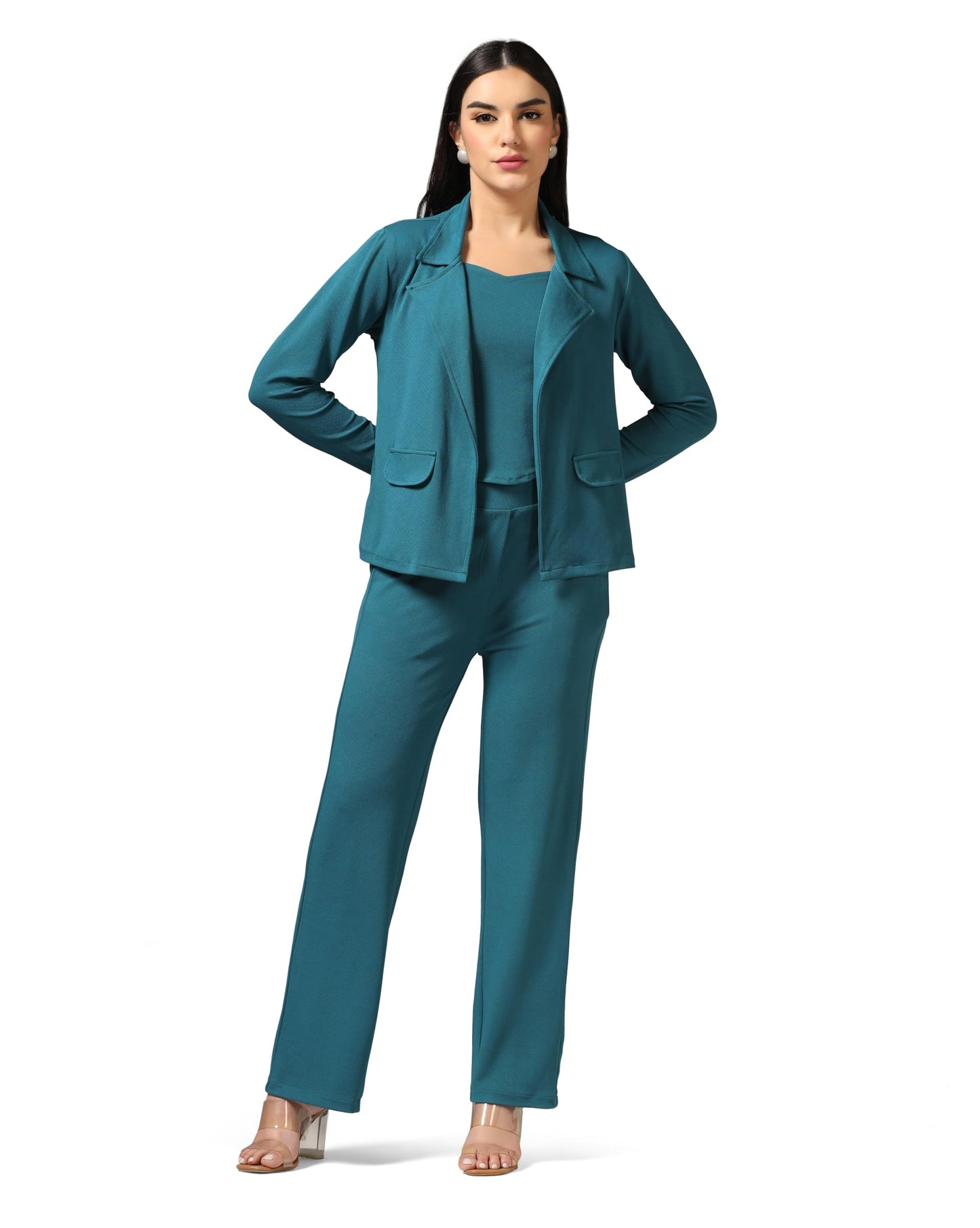 Greciilooks Women Lycra Blend Blazer 3 Piece Co Ord Set Turquoise