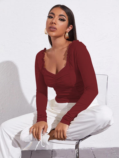 AVANOVA Womens & Girls Maroon Full Sleeve, Sweat Hear Neck, Frill Trim Ruched Crop Top for Women, Tops, T-Shirts for Girls (TO