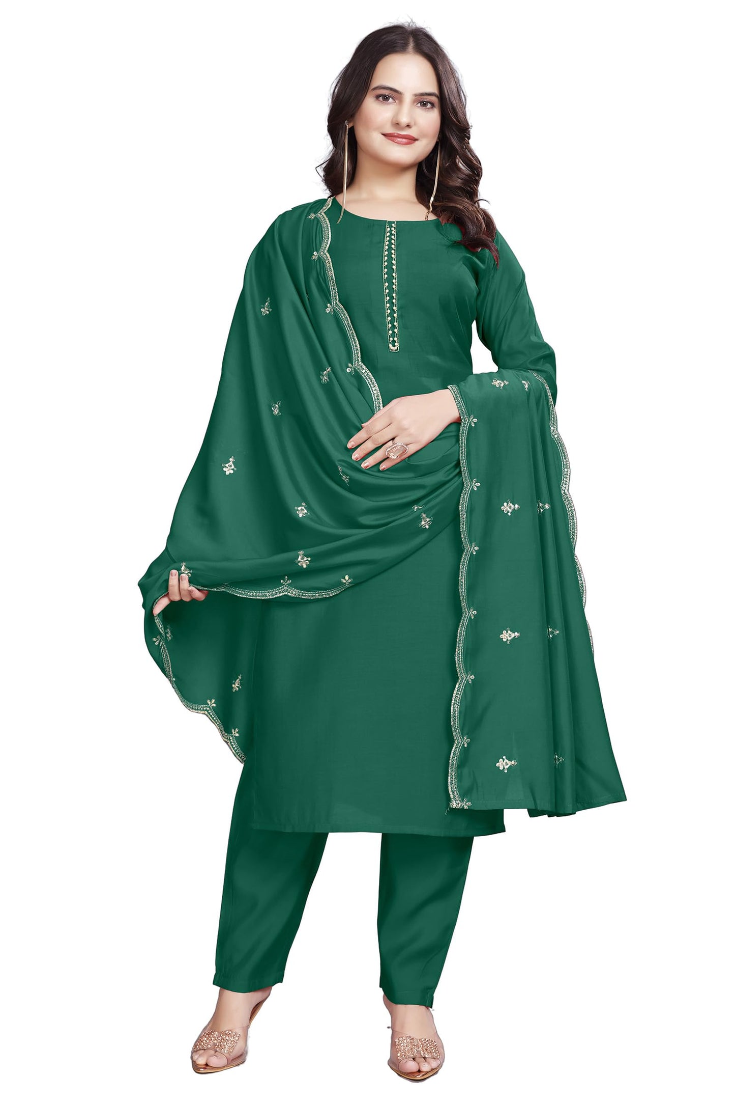 Satpurush WomenS Green Cotton Silk Round Neck 3/4Th Sleeve Floral Embroidery Straight Kurta Salwar Suit Set With Pant(Bvm-152-A