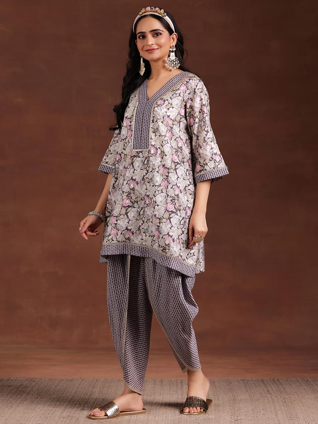 Libas Womens Printed Silk Blend A-Line Kurta With Dhoti Pant