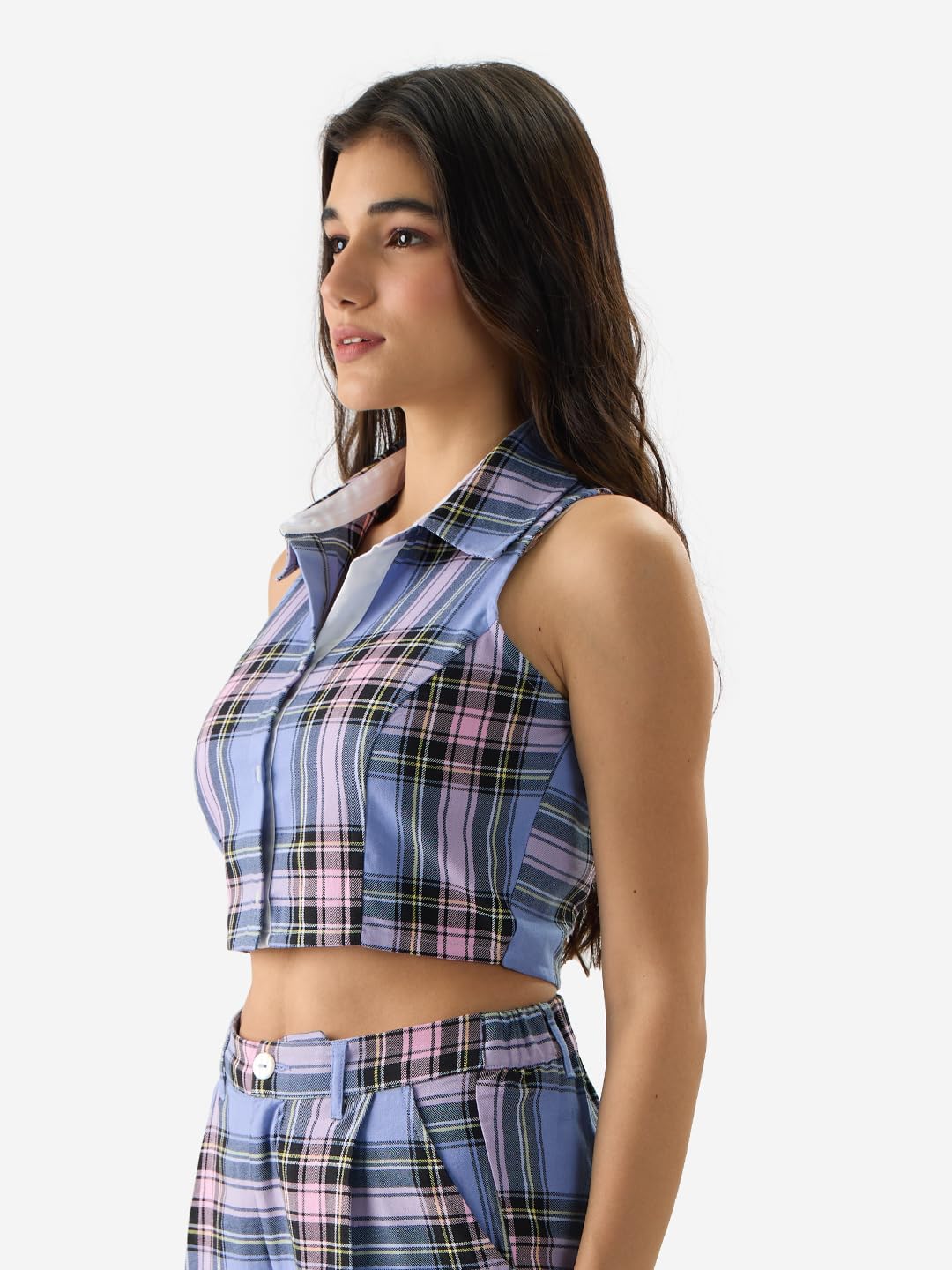 The Souled Store Lilac Blossom Women and Girls Sleeveless Collared Neck Slim Fit Checkered Cotton Cropped Tops